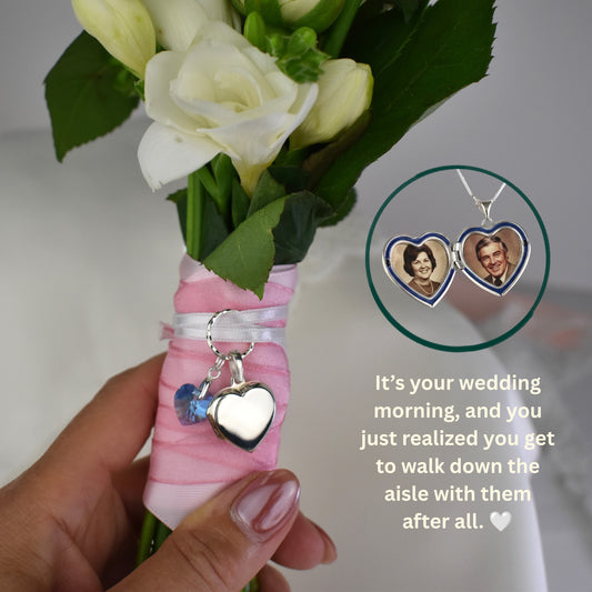 A bouquet of white flowers wrapped in pink ribbon with a silver heart-shaped charm, held in a hand. An inset shows a matching heart pendant necklace with a custom photo, and text reads, 'It's your wedding morning, and you just realized you get to walk down the aisle with them after all.