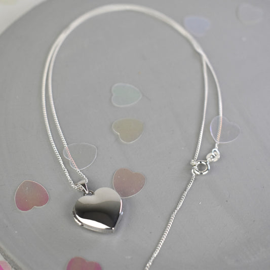 Silver heart-shape first locket on sterling silver chain