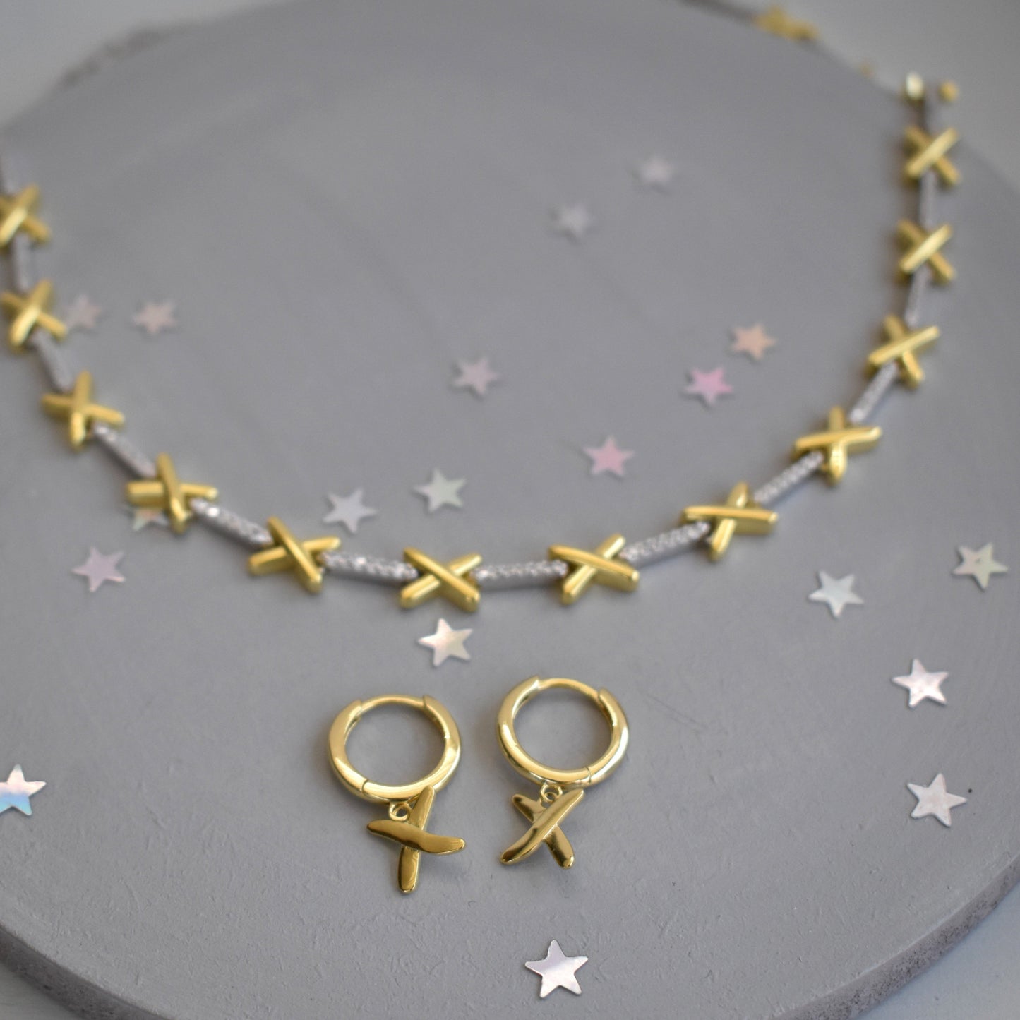 Kisses gold plated on sterling silver necklace and earrings.