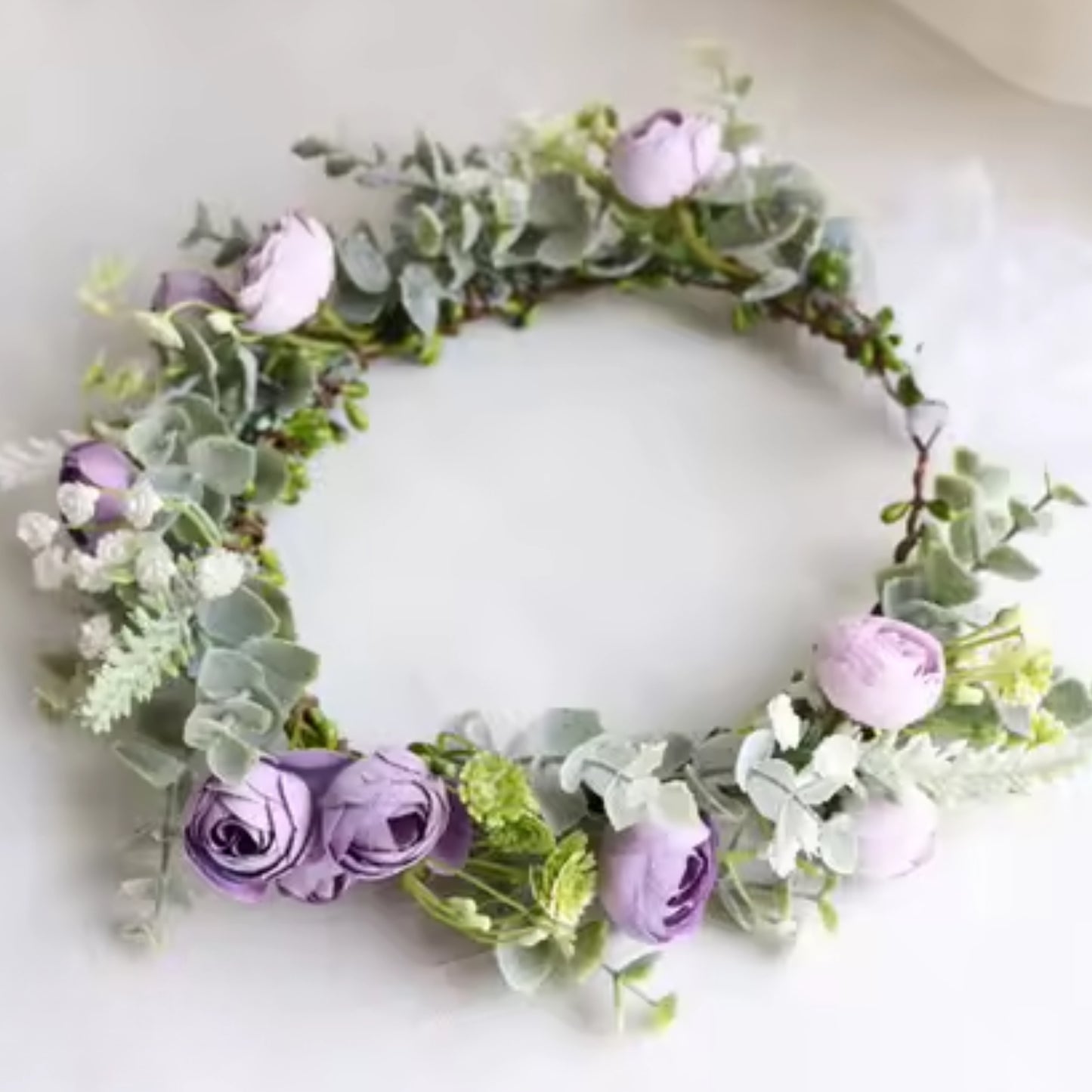 Lavender camellia bud flower garland for dogs. Ties with organza ribbon adjustable sizing.