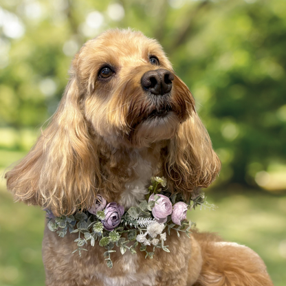 Lavender camellia bud flower garland for dogs. Ties with organza ribbon adjustable sizing.