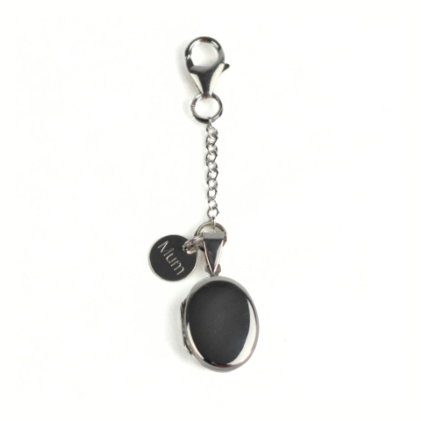 Sterling silver oval pendant shown with spring clasp fastening and engraved round tag