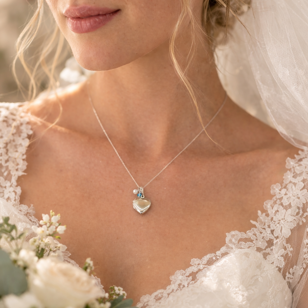 Bride wears sterling silver heart locket, opens to allow for two photos to be fitted. Finished with a white glass pearl and tiny blue crystal.