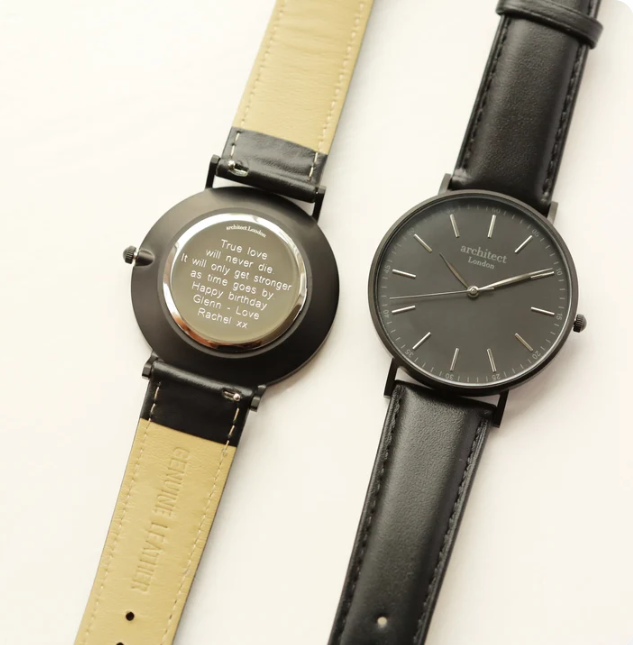 Men's Architect Black Watch with black leather strap. Engraved on the reverse with your choice of wording