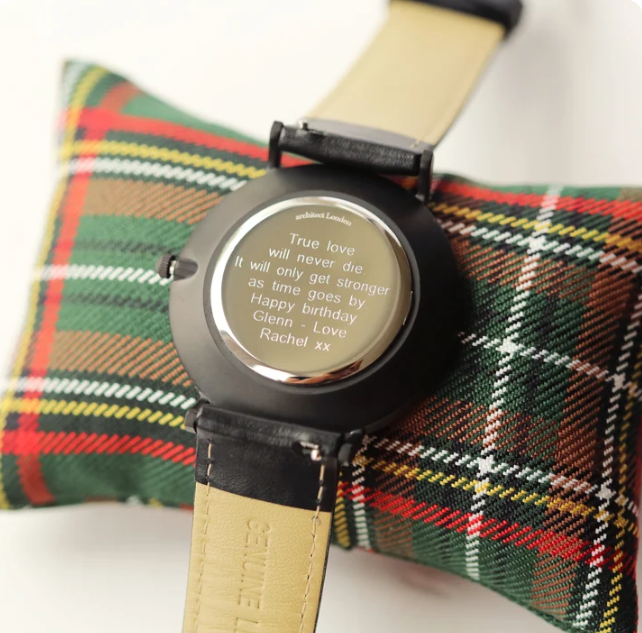 Men's Architect Black Watch with black leather strap. Engraved on the reverse with your choice of wording