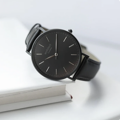 Men's Architect Black Watch with black leather strap. Engraved on the reverse with your choice of wording