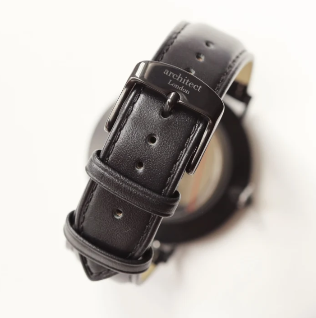 Men's Architect Black Watch with black leather strap. Engraved on the reverse with your choice of wording