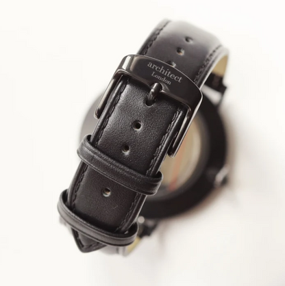 Men's Architect Black Watch with black leather strap. Engraved on the reverse with your choice of wording