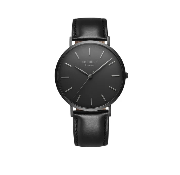 Men's Architect Black Watch with black leather strap. Engraved on the reverse with your choice of wording