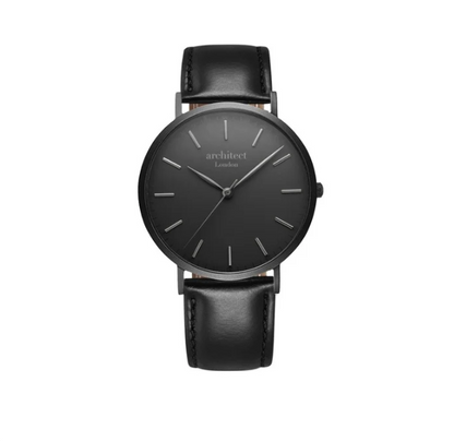 Men's Architect Black Watch with black leather strap. Engraved on the reverse with your choice of wording