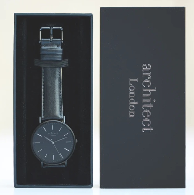 Men's Architect Black Watch with black leather strap. Engraved on the reverse with your choice of wording. Gift boxed