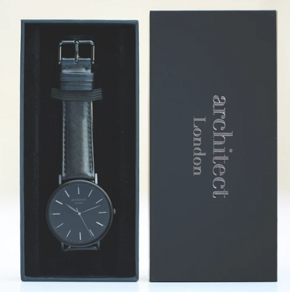 Men's Architect Black Watch with black leather strap. Engraved on the reverse with your choice of wording. Gift boxed