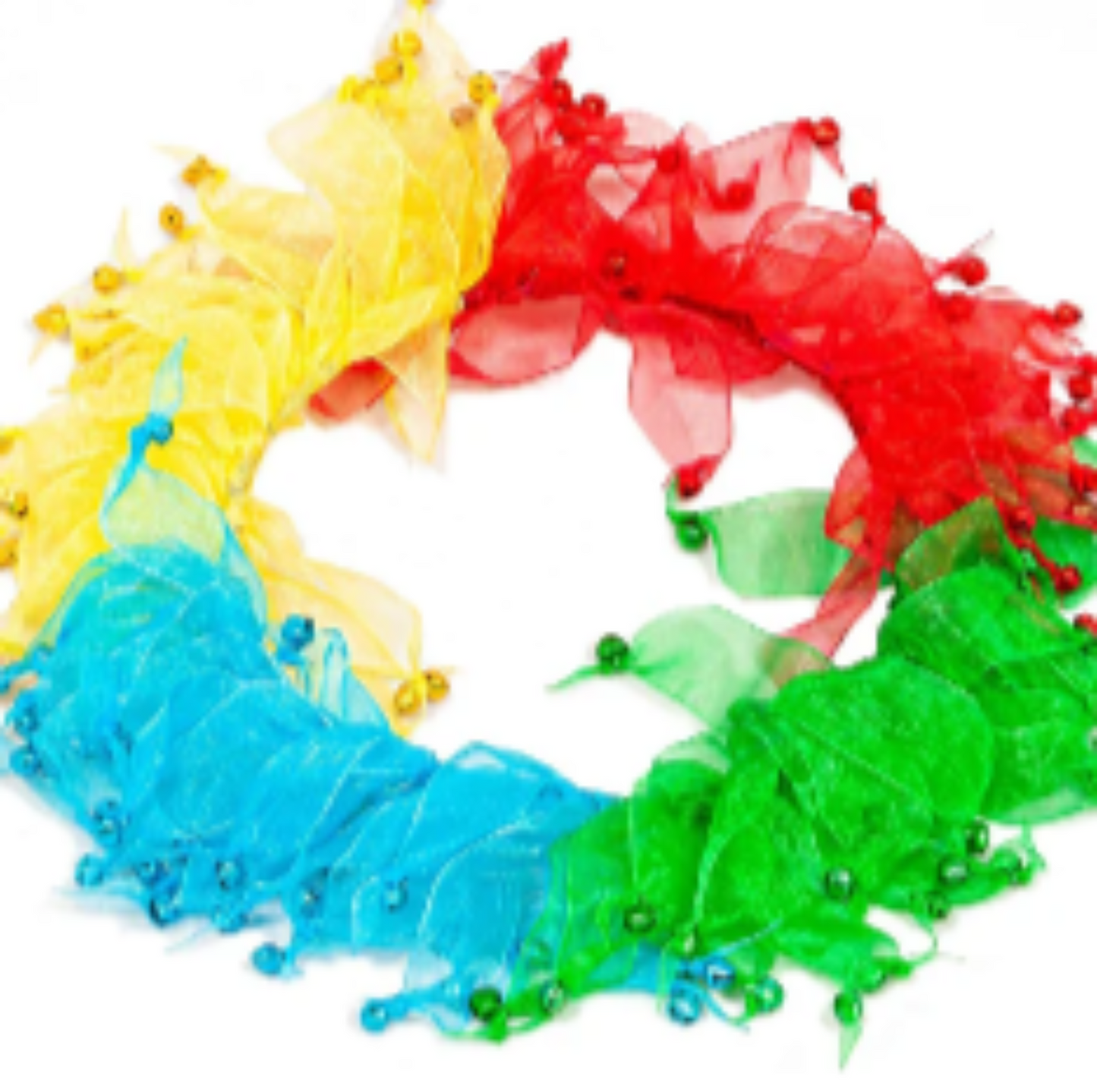 Decorative Rainbow Coloured Tulle Ribbon elasticated Dog Frill. Four coloured different sections with tiny bells on the end of each tulle ribbon.
