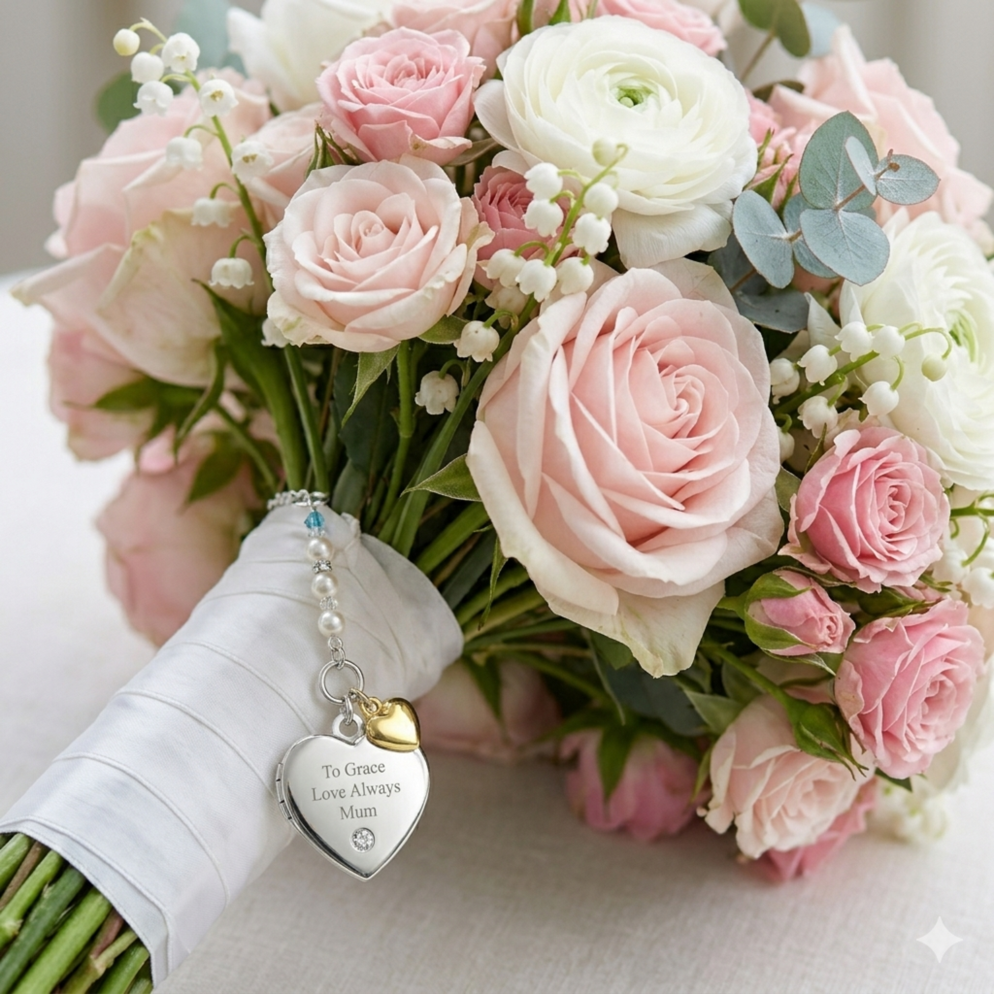 Engraved locket shown on wedding bouquet 
