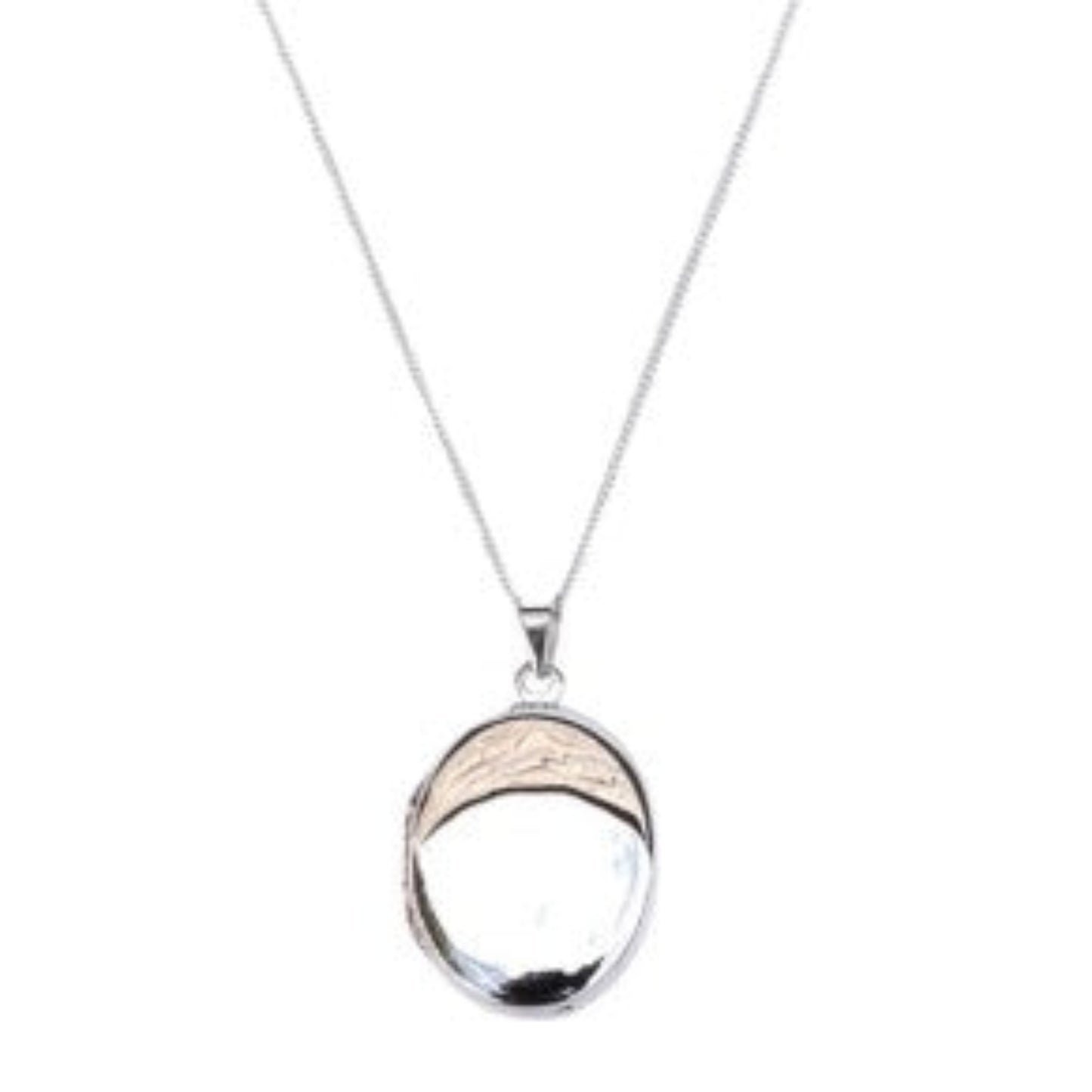 A sterling silver oval locket which opens to take two photos
