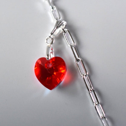 Sterling silver paperclip anklet with high quality crystal heart charm in your choice of colour.  Close up of heart
