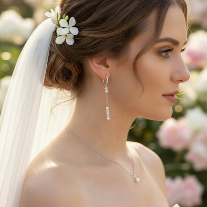Pearl and crystal earrings using 4mm freshwater pearls and highest quality crystals (also 4mm). The earrings are suspended from sterling silver leverback clasps studded with tiny crystals to reflect the light. Shown worn with our pearl back drop necklace. 