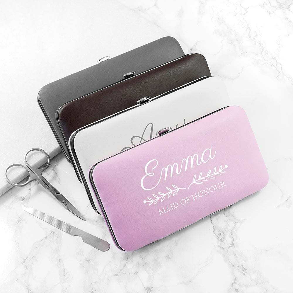Personalized manicure set with name and wedding role shown in pink, white, black and grey