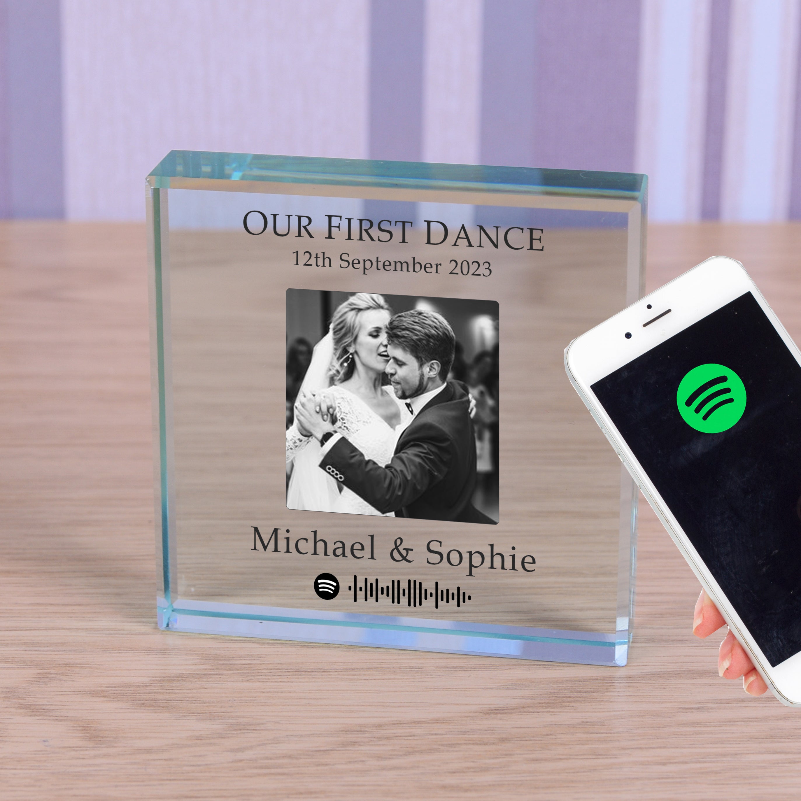 glass photoblock with wedding date, couples details and code for their first dance, playable through Spotify.