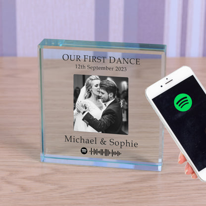 glass photoblock with wedding date, couples details and code for their first dance, playable through Spotify.