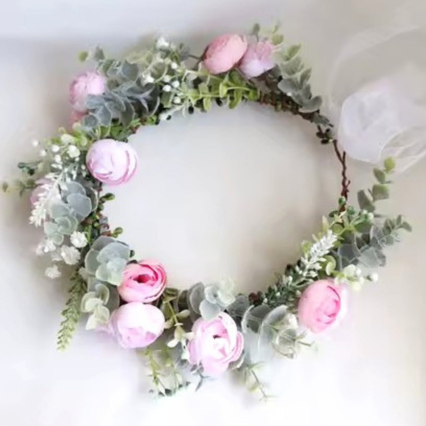 Delicate Pink camellia bud flower garland for dogs. Ties with organza ribbon adjustable sizing.