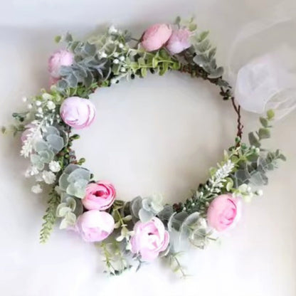 Delicate Pink camellia bud flower garland for dogs. Ties with organza ribbon adjustable sizing.