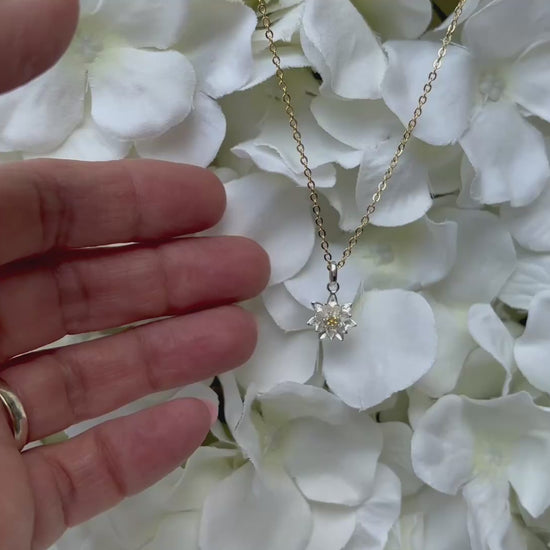 Close up of Daisy Birth Flower pendant on gold chain
