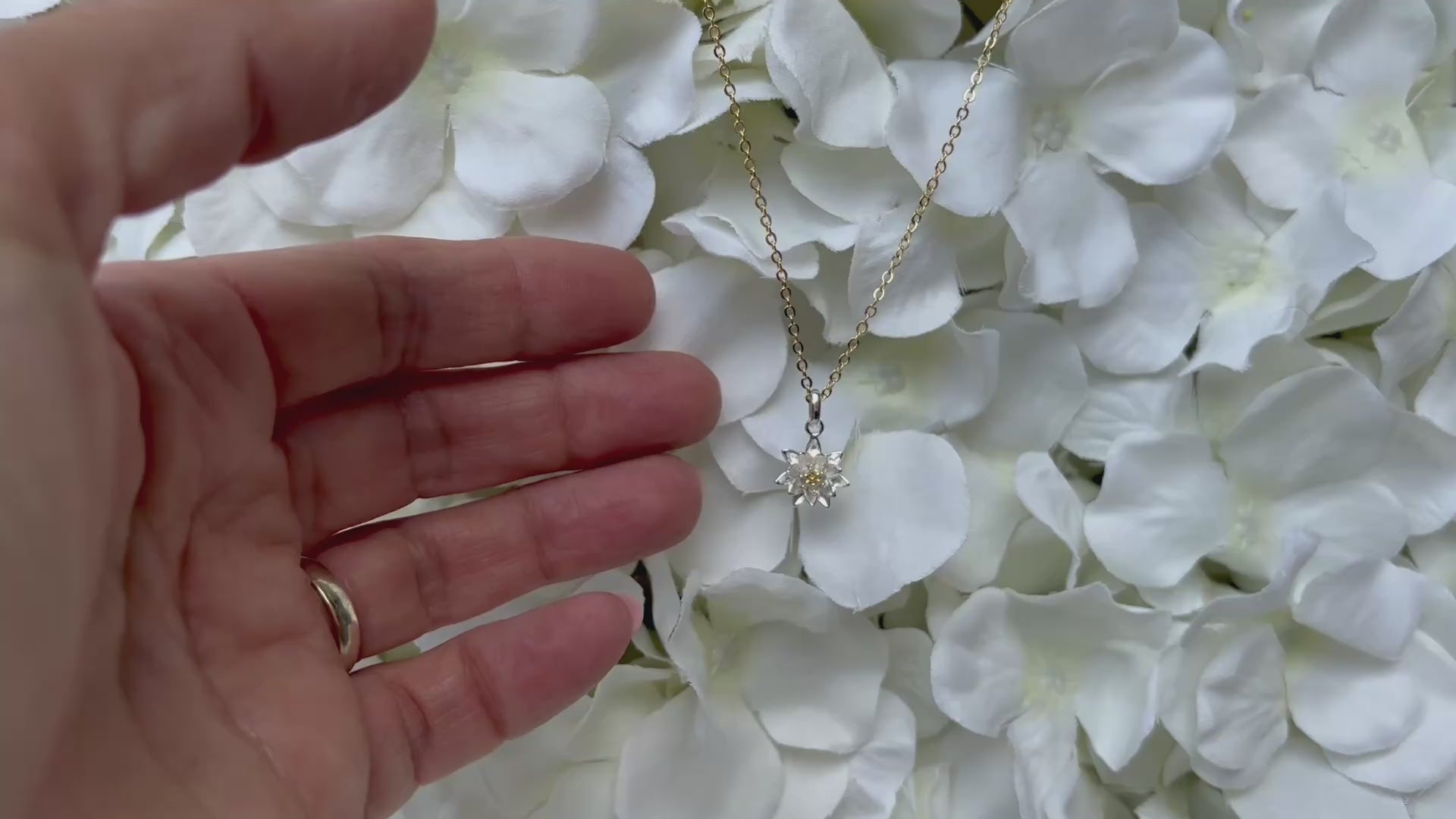 Close up of Daisy Birth Flower pendant on gold chain
