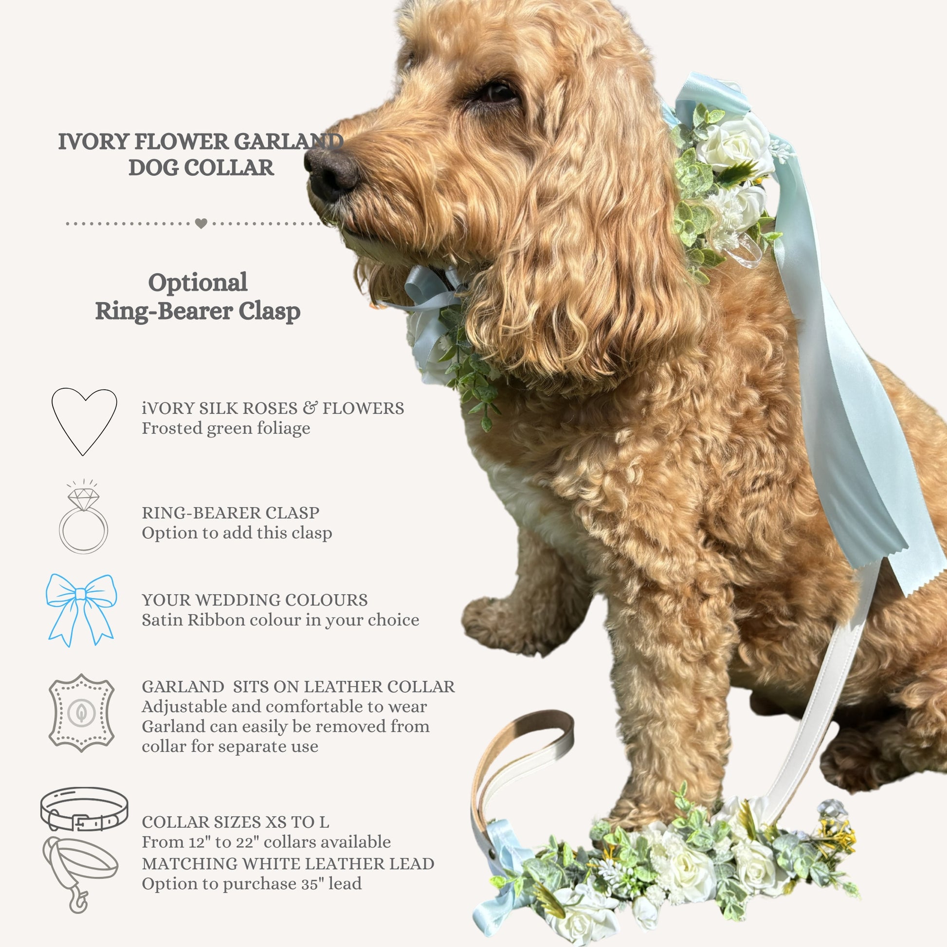 Details of the ivory garland collar and lead set