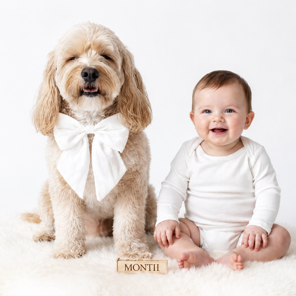 Dog wears white silk bow in photo shoot with baby