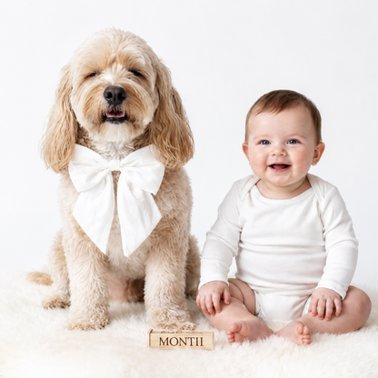 Dog wears white silk bow in photo shoot with baby