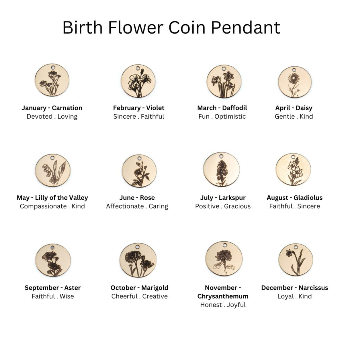 delicate Gold Filled Birth Flower Pendant. Crafted on an 11mm coin pendant, this simple piece is engraved with the intricate design of birth flowers on the front side and on the reverse side features a hidden personalised engraving, making it truly unique.