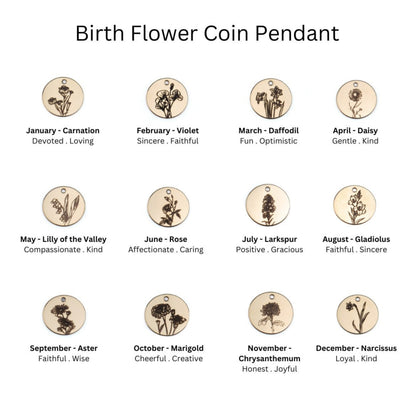 delicate Gold Filled Birth Flower Pendant. Crafted on an 11mm coin pendant, this simple piece is engraved with the intricate design of birth flowers on the front side and on the reverse side features a hidden personalised engraving, making it truly unique.