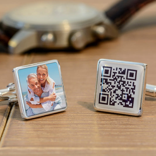 Cufflinks with a personalised photo and a QR code which, when scanned, reveals a secret message.