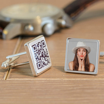 Cufflinks with a personalised photo and a QR code which, when scanned, reveals a secret message.