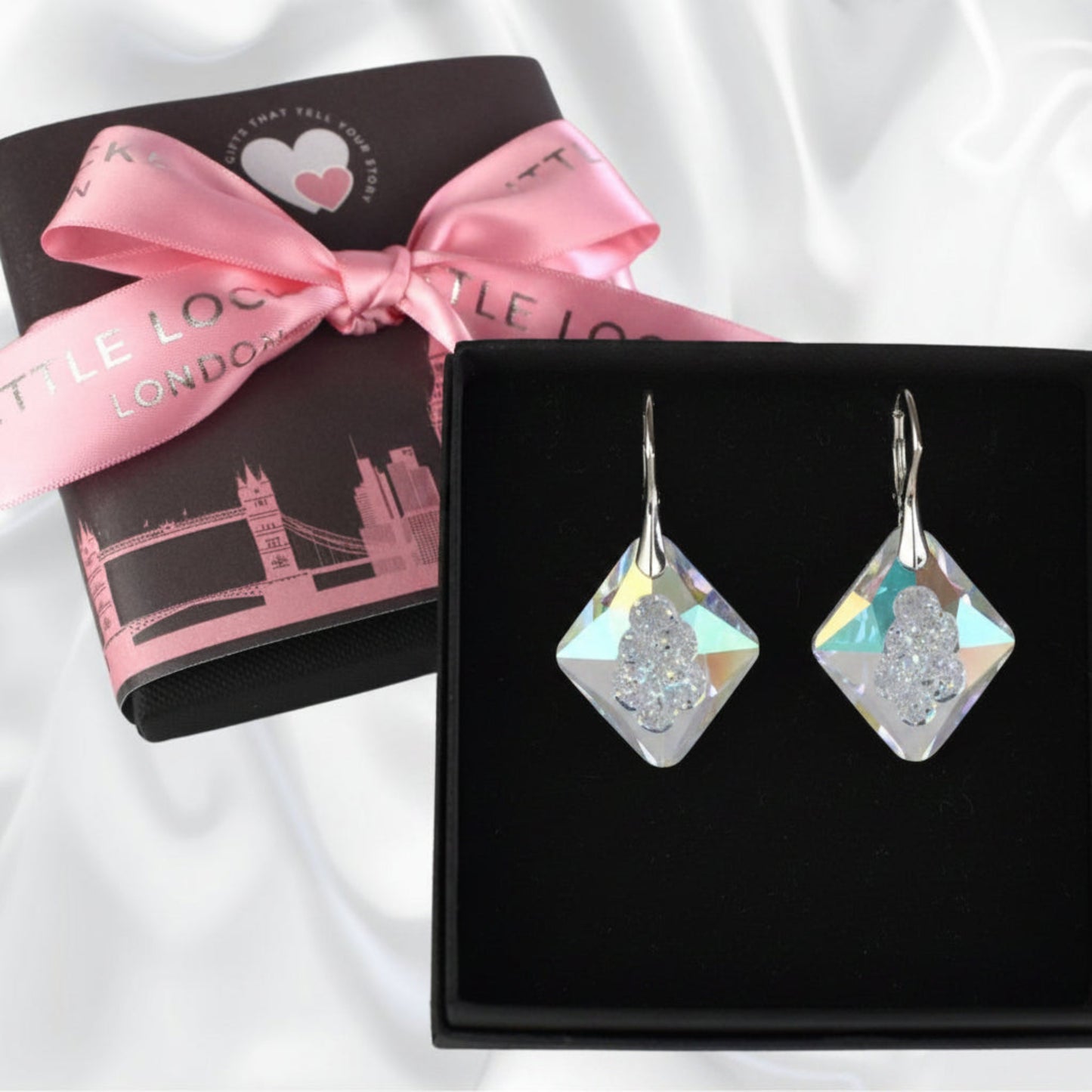 Your crystal earrings will arrive in a branded gift box with a card for you to write your own message. Shown with optional upgraded gift wrap