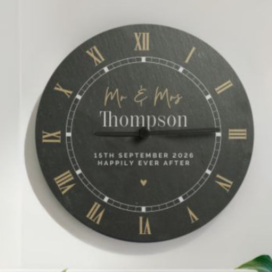 Black slate wall clock personalised in fools gold 