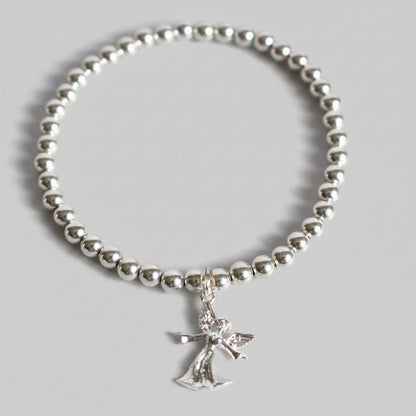 Sterling silver beaded bracelet with 4mm beads and a 16mm sterling silver angel charm