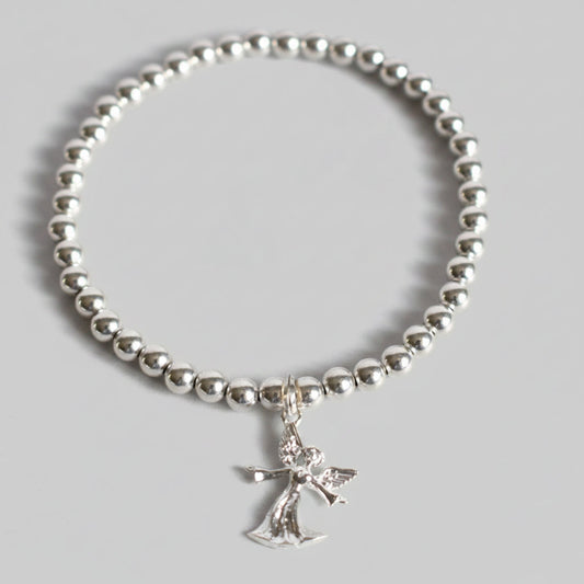 Sterling silver beaded bracelet with 4mm beads and a 16mm sterling silver angel charm