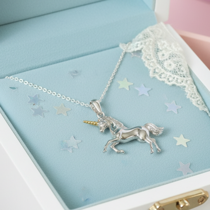 Unicorn necklace in an open jewelry box
