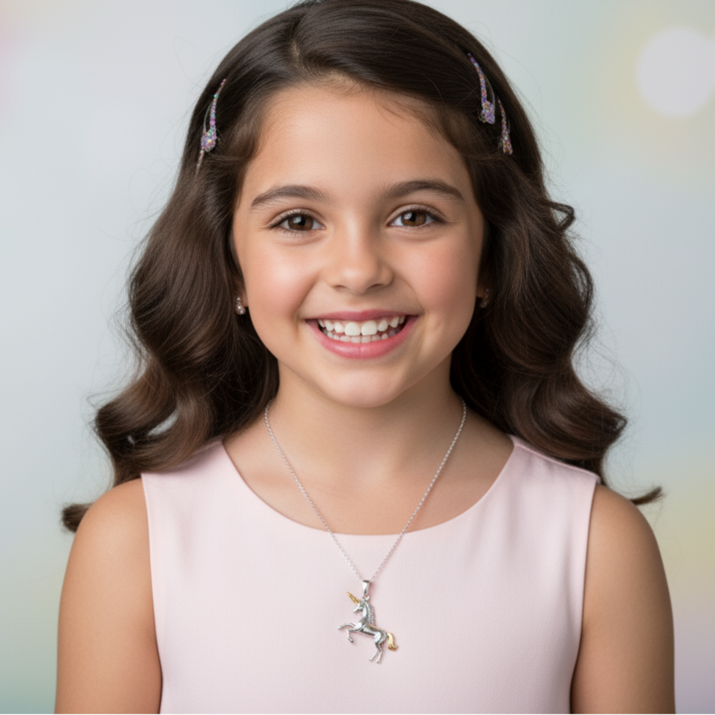 Young girl with a unicorn necklace against a colorful, blurred background