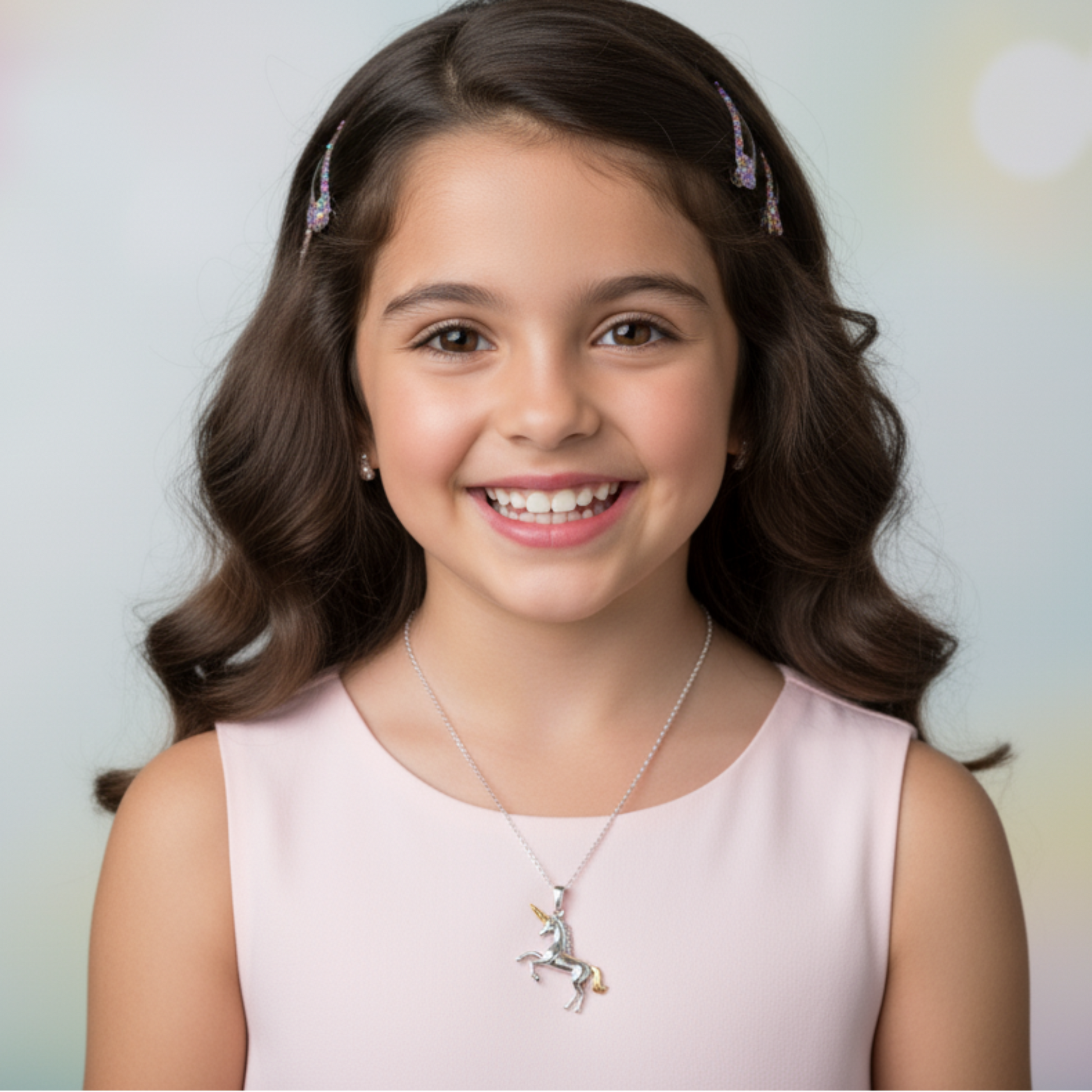Young girl with a unicorn necklace against a colorful, blurred background