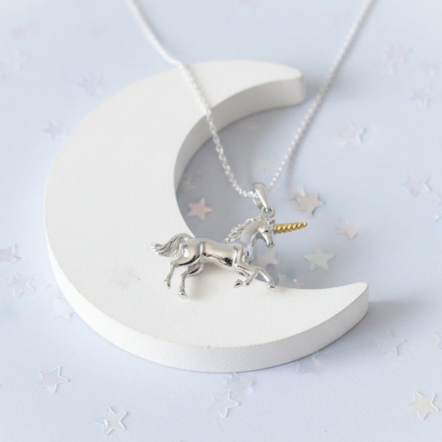 Silver unicorn pendant necklace on a 14" sterling silver chain