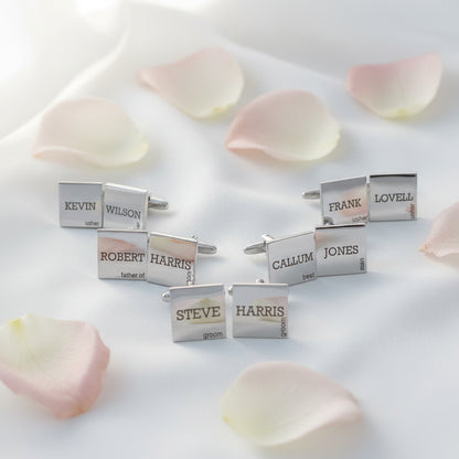 Wedding party silver plated cufflinks that can be personalised with a name and their role in the wedding. Set of five 