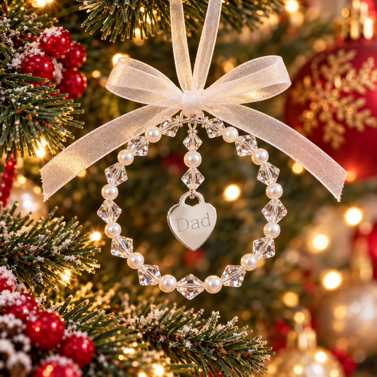 A personalized Christmas ornament shaped like a beaded ring with a dangling heart charm engraved with the word 'Dad'. The ornament features white pearls interspersed with high quality Austrian crystals. Complete with ribbon, ready for you to hang on the christmas tree.