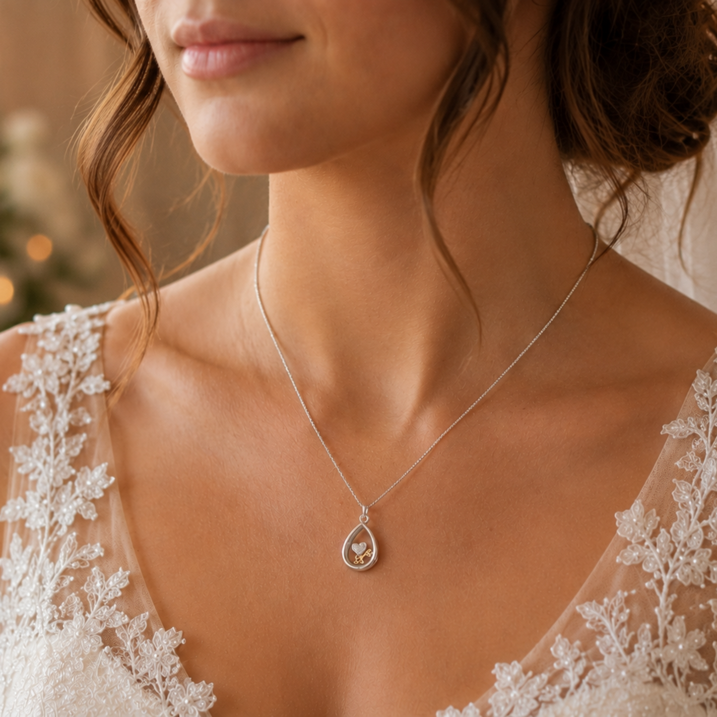 Sterlig silver pear locket with heart and key charms