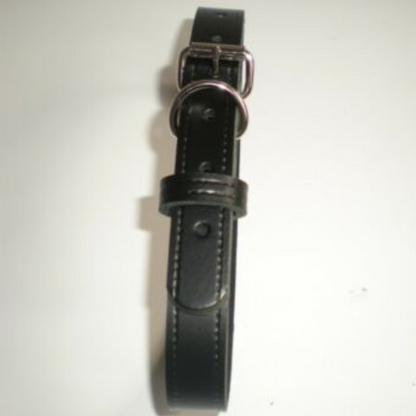 Black leather collar for red satin dog bow tie. The tie is easily detachable from the collar after the event