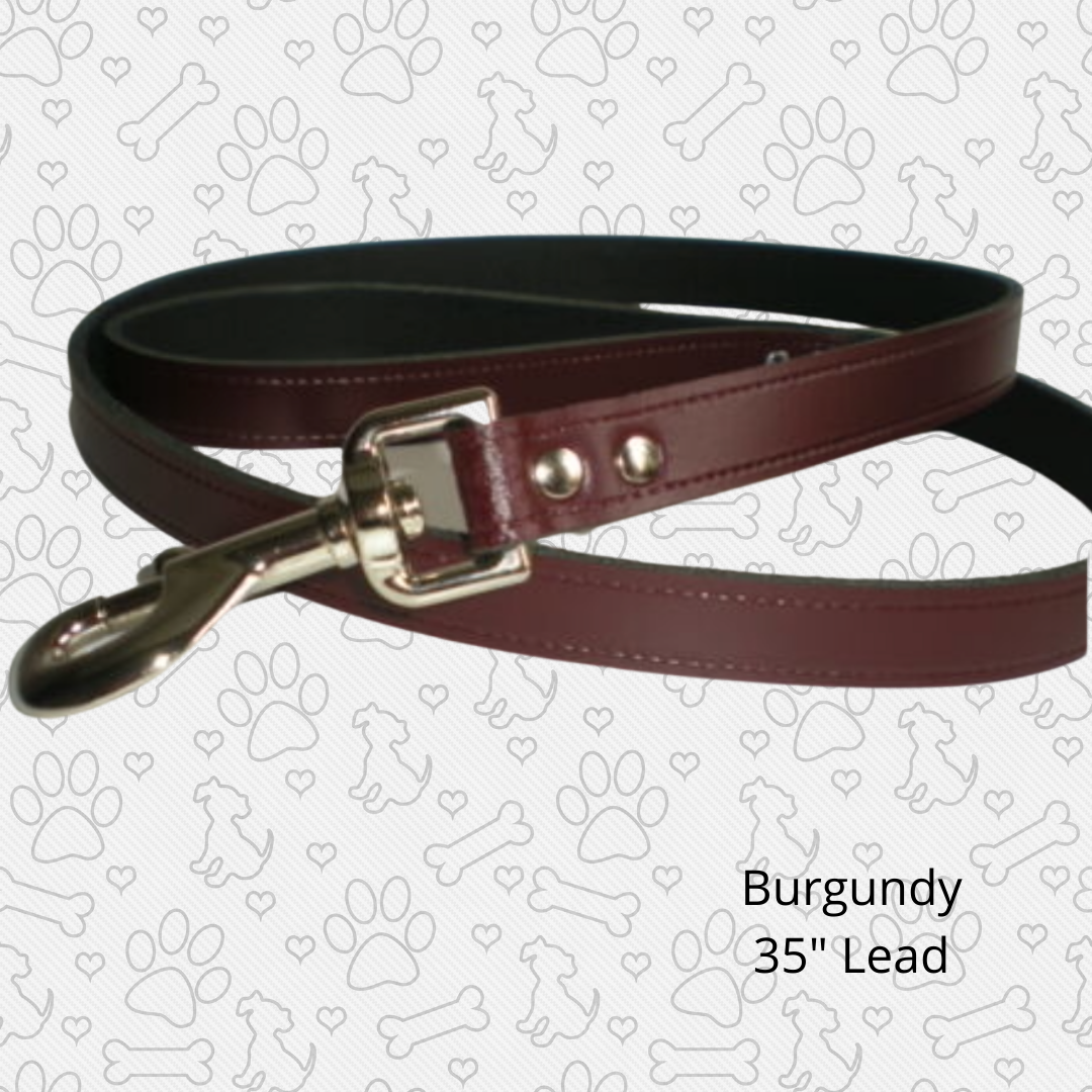 burgundy 35" leather dog lead, matching collar available.