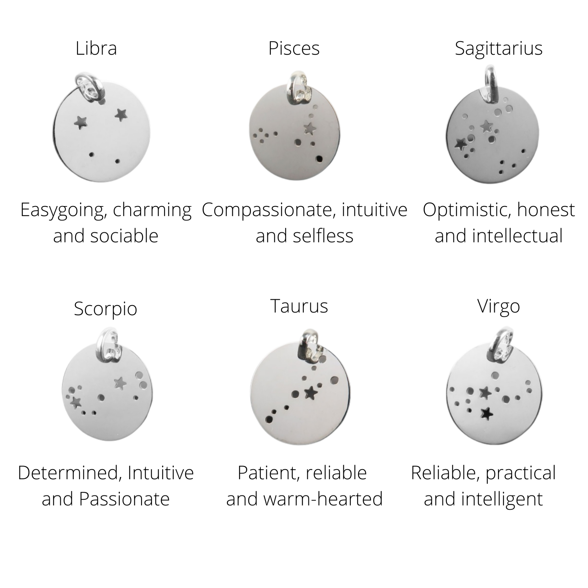 LIllustration showing six birth constellation patters and their characteristics - Libra, Pisces, Sagittarius, Scorpio, Taurus, Virgo