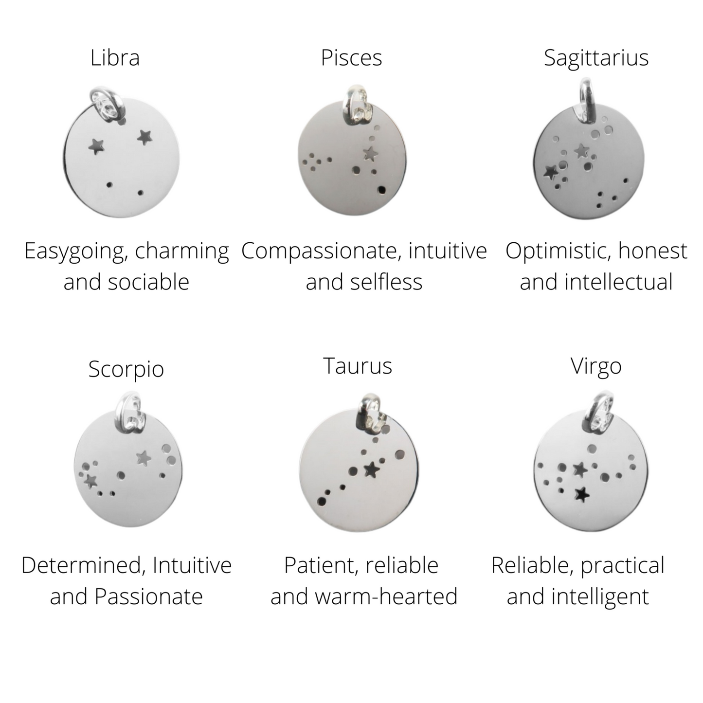 LIllustration showing six birth constellation patters and their characteristics - Libra, Pisces, Sagittarius, Scorpio, Taurus, Virgo